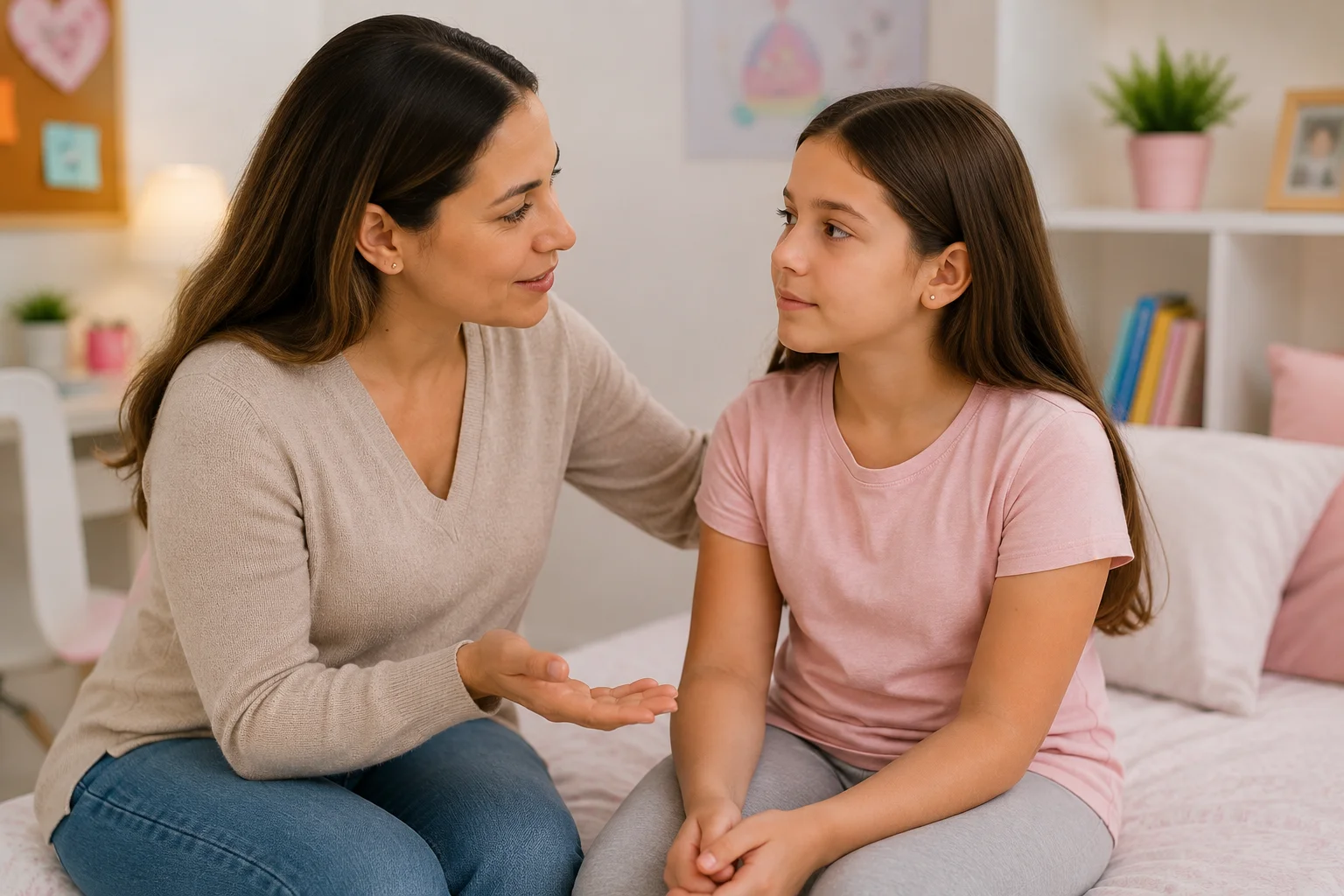 Una madre conversando cariñosa y comprensivamente con su pequeña hija